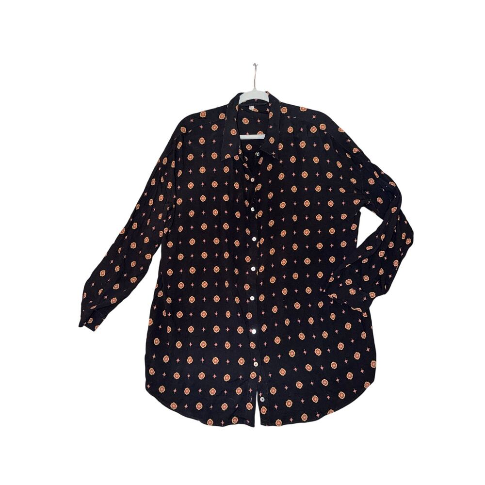 Intimately free people black boho tile print long sleeve button front blouse L